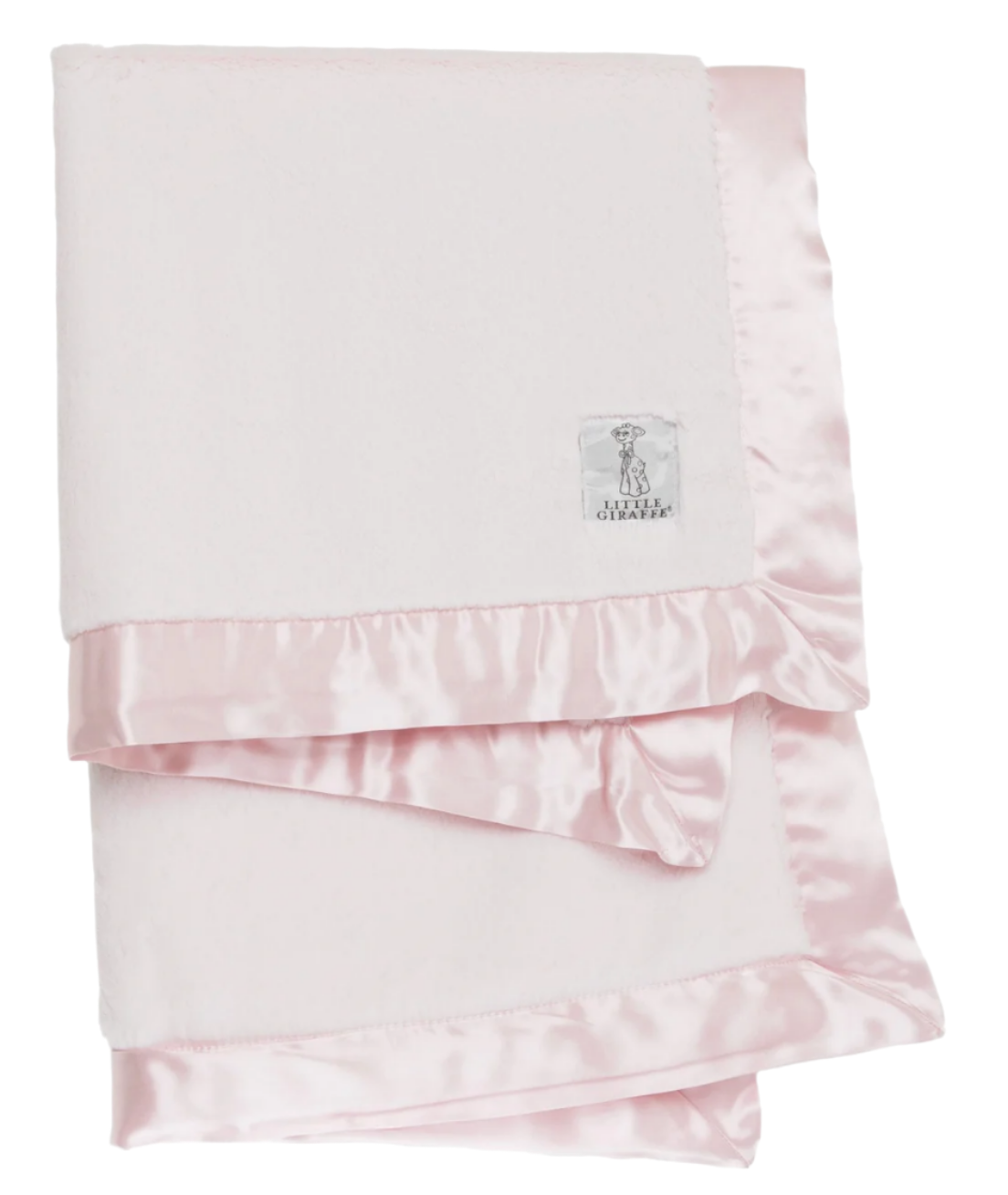 The Little Giraffe Luxe Baby Blanket is an ultra-soft faux fur delight with a folded pink design, silky satin borders, and a charming label, elegantly presented against a pristine white background.