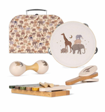 Konges Slojd Wooden Music Sets for young musicians include wooden tambourine, clapper, maraca, and xylophone decorated with animals like elephants and giraffes. Comes in a charming suitcase for storage and portability by Konges Slojd.