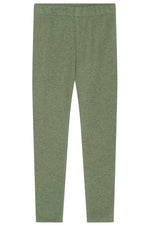 Serendipity Kids’ Rib Solid Leggings in green heather are shown flat against a white background, featuring a simple elastic waistband and an unembellished rib knit design.