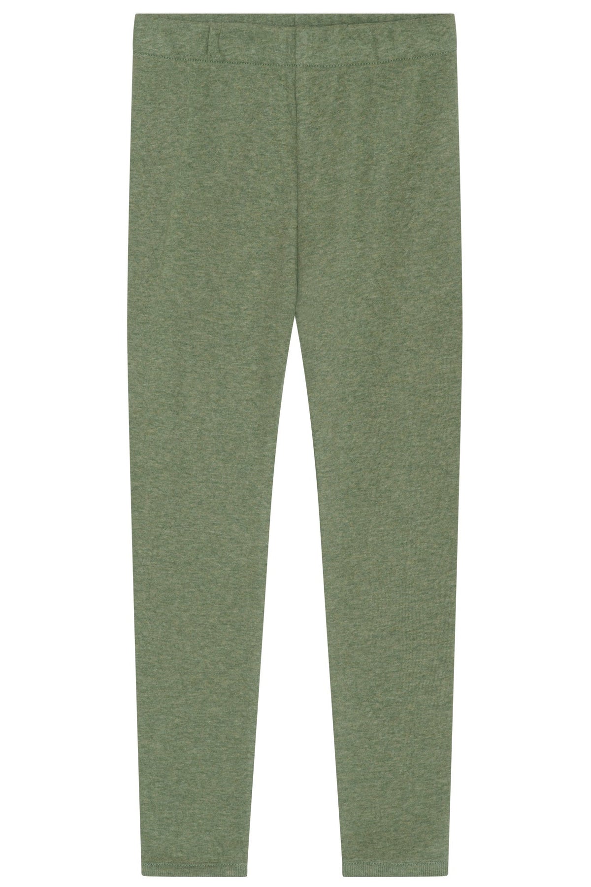 Serendipity Kids’ Rib Solid Leggings in green heather are shown flat against a white background, featuring a simple elastic waistband and an unembellished rib knit design.