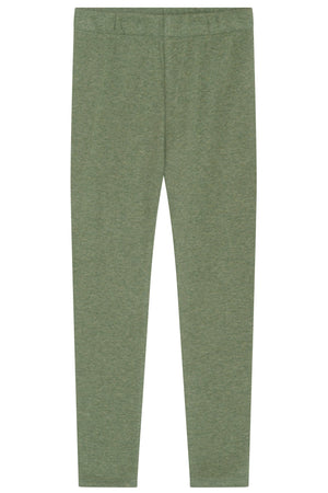 Serendipity Kids’ Rib Solid Leggings in green heather are shown flat against a white background, featuring a simple elastic waistband and an unembellished rib knit design.