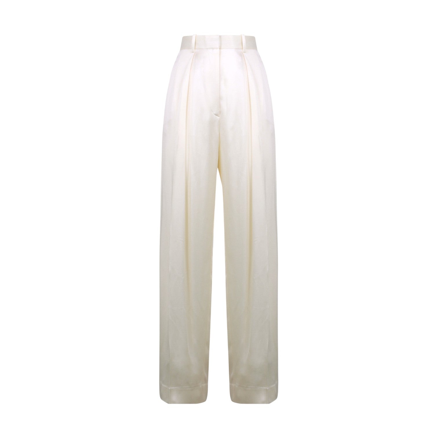 The Victoria Beckham Wide Leg Trouser in ivory features a high waist, regular fit, front pleats, and satin-trimmed waistband, shown against a white background.