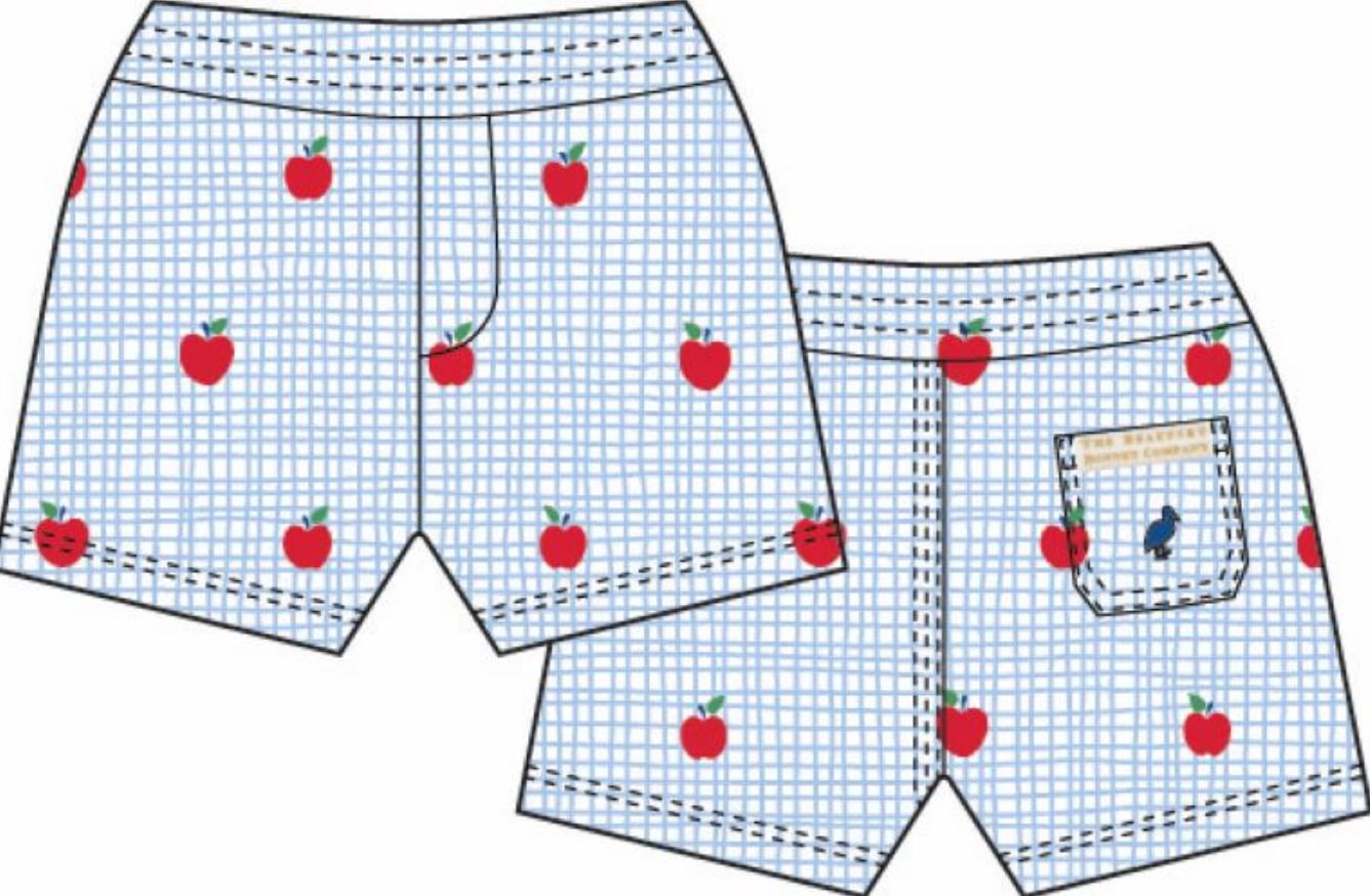The Beaufort Bonnet Company's Baby Boys and Boys' Sheffield Shorts feature blue and white checks with a red apple print, elastic waist, back pocket with label and blue bird icon—a comfortable wardrobe staple. Shown front and back.