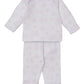 The Kissy Kissy Baby Cheerful Good Night Printed Footed Pant Set features a white long-sleeve two-piece outfit with light pink clouds, moons, and subtle elephants for a dreamy look.