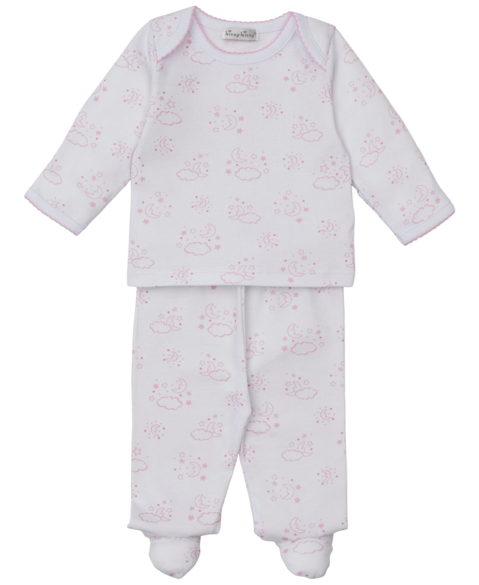 The Kissy Kissy Baby Cheerful Good Night Printed Footed Pant Set features a white long-sleeve two-piece outfit with light pink clouds, moons, and subtle elephants for a dreamy look.