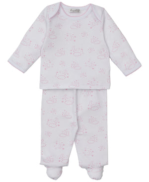 The Kissy Kissy Baby Cheerful Good Night Printed Footed Pant Set features a white long-sleeve two-piece outfit with light pink clouds, moons, and subtle elephants for a dreamy look.