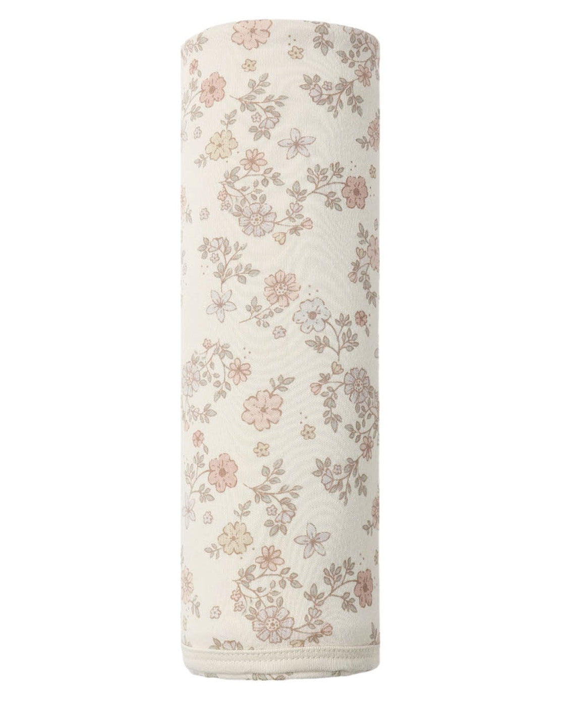 A soft baby swaddle from Quincy Mae, made with organic brushed jersey and featuring a light beige background adorned with delicate pink and brown floral patterns.
