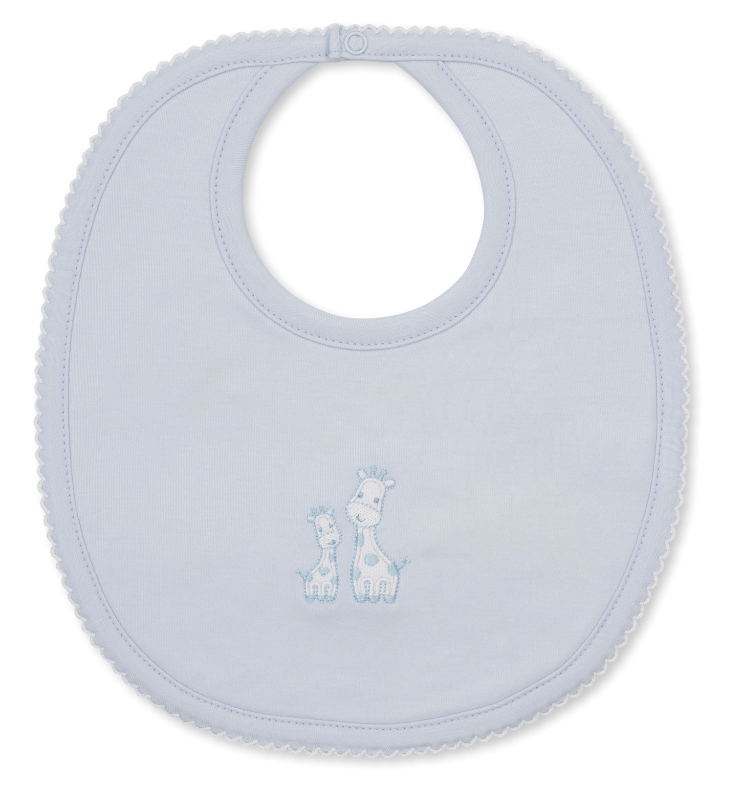 The Giraffe Laughs Bib by Kissy Kissy is a light blue baby mealtime bib made from super-soft Pima cotton, featuring scalloped edges and an embroidered design of two giraffes in the center.