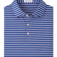 A folded blue and white striped Dunnes Performance Jersey Polo by Peter Millar with a collar, three buttons, and UPF 50+ protection.