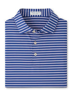 A folded blue and white striped Dunnes Performance Jersey Polo by Peter Millar with a collar, three buttons, and UPF 50+ protection.