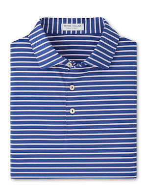 A folded blue and white striped Dunnes Performance Jersey Polo by Peter Millar with a collar, three buttons, and UPF 50+ protection.