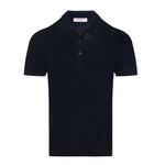 The Orlebar Brown Keeling 3 Button Polo is a refined black short-sleeve knit shirt with a collar and three-button placket, displayed on a plain white background, offering understated elegance perfect for any occasion.