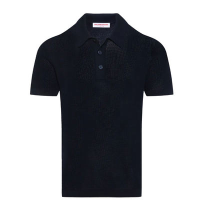 The Orlebar Brown Keeling 3 Button Polo is a refined black short-sleeve knit shirt with a collar and three-button placket, displayed on a plain white background, offering understated elegance perfect for any occasion.
