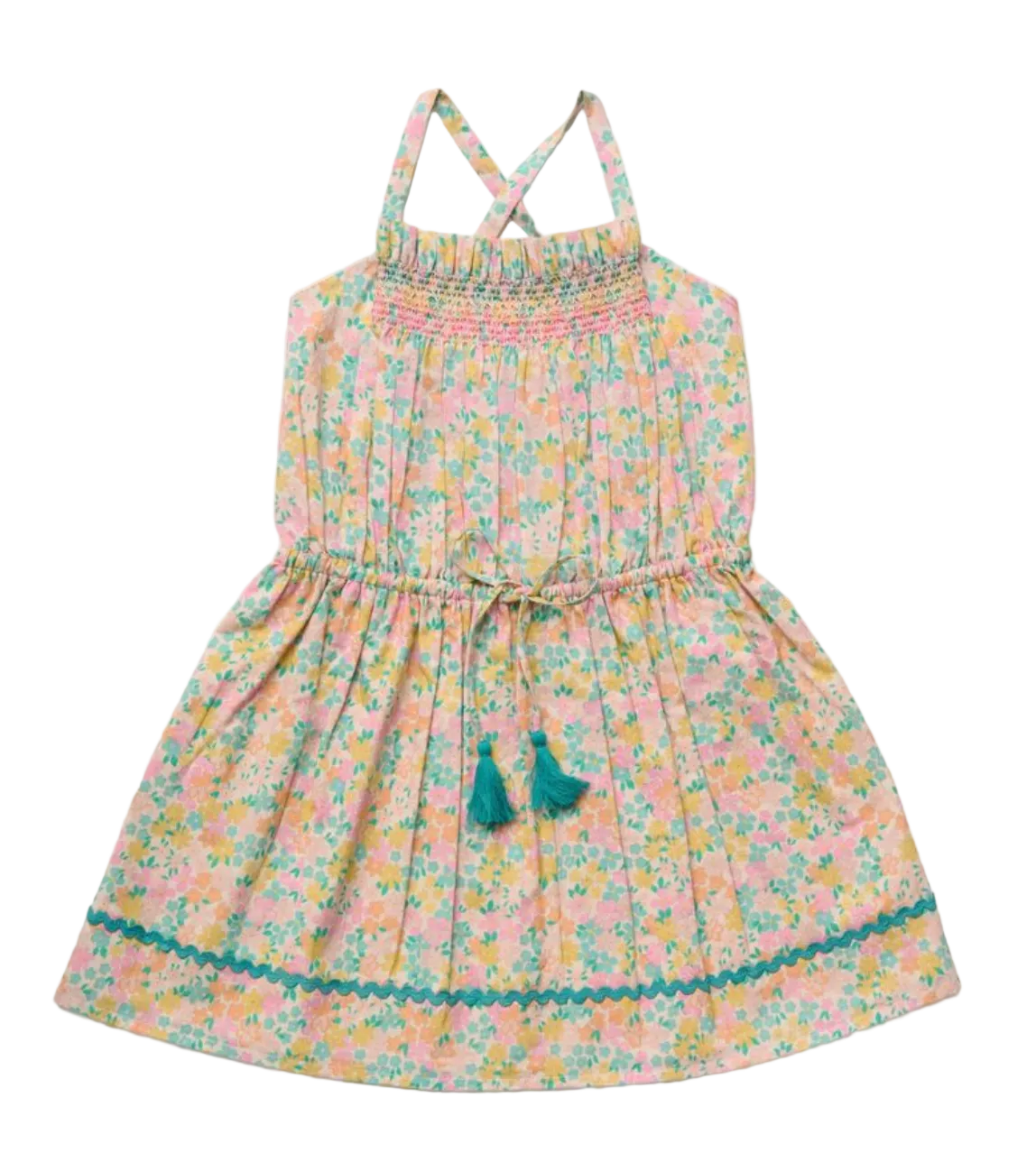 The Early Sunday Girls’ Alisson Dress is a sleeveless, floral mint dress for girls featuring a smocked bodice, teal tassel ties, criss-cross straps, and rickrack trim near the hem. This pastel summer dress is perfect for sunny days.