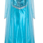 Ice Queen Dress With Cape by Great Pretenders, featuring a peacock blue satin and sequin sweetheart bodice, sheer glittery cape, and a snowflake detail on the chest—displayed on a white background for a true crystal Queen look.