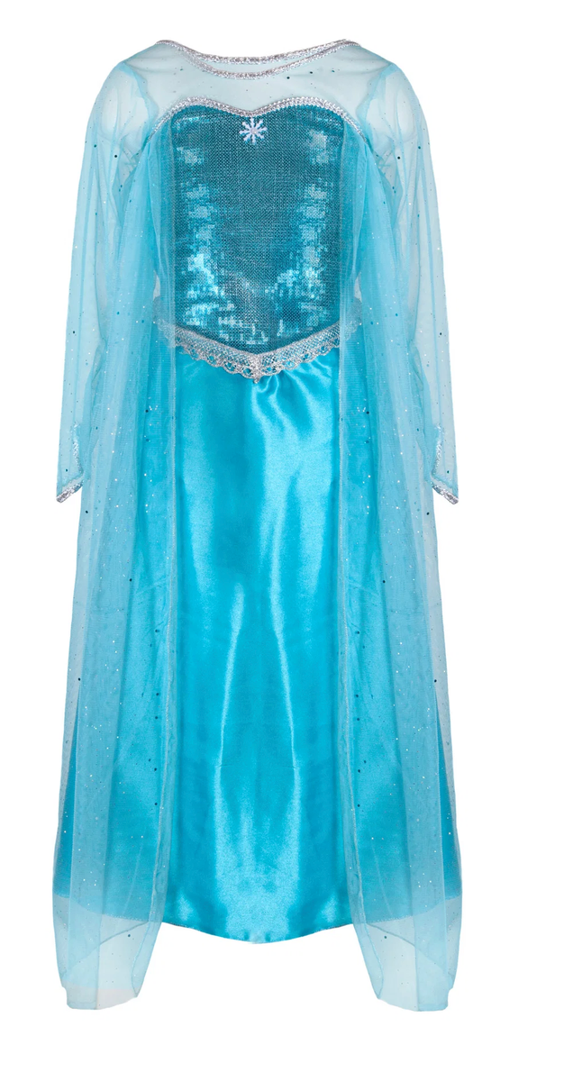 Ice Queen Dress With Cape by Great Pretenders, featuring a peacock blue satin and sequin sweetheart bodice, sheer glittery cape, and a snowflake detail on the chest—displayed on a white background for a true crystal Queen look.
