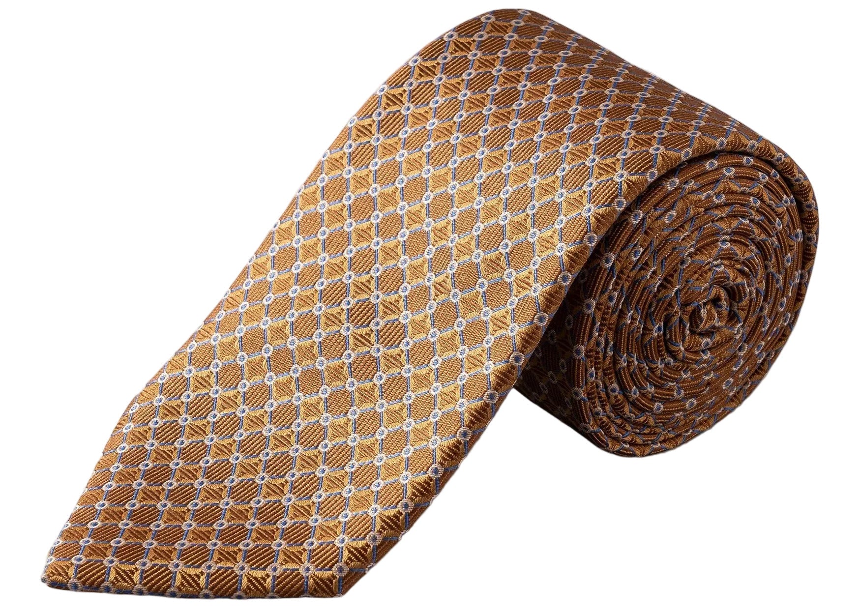 The Eton Geometric Woven Silk Tie, featuring a brown jacquard silk base with a repeating white and light blue geometric pattern, is ideal for enhancing your style at any formal event.