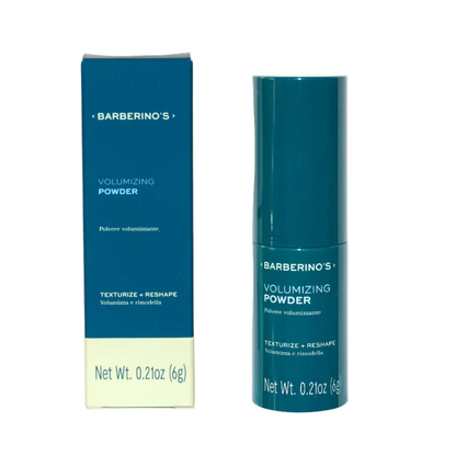 A teal box and matching bottle labeled "Barberino's Volumizing Powder," ideal for fine hair, offers texture and reshaping in a 0.21 oz (6g) size.