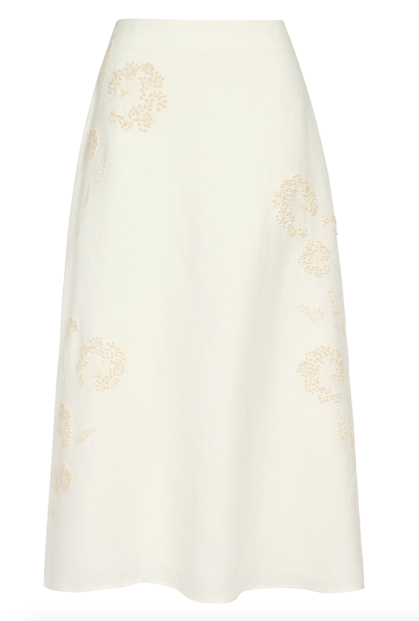 The A-Line Skirt by TWP is a white linen midi skirt with an A-line silhouette, featuring subtle beige floral embroidery.