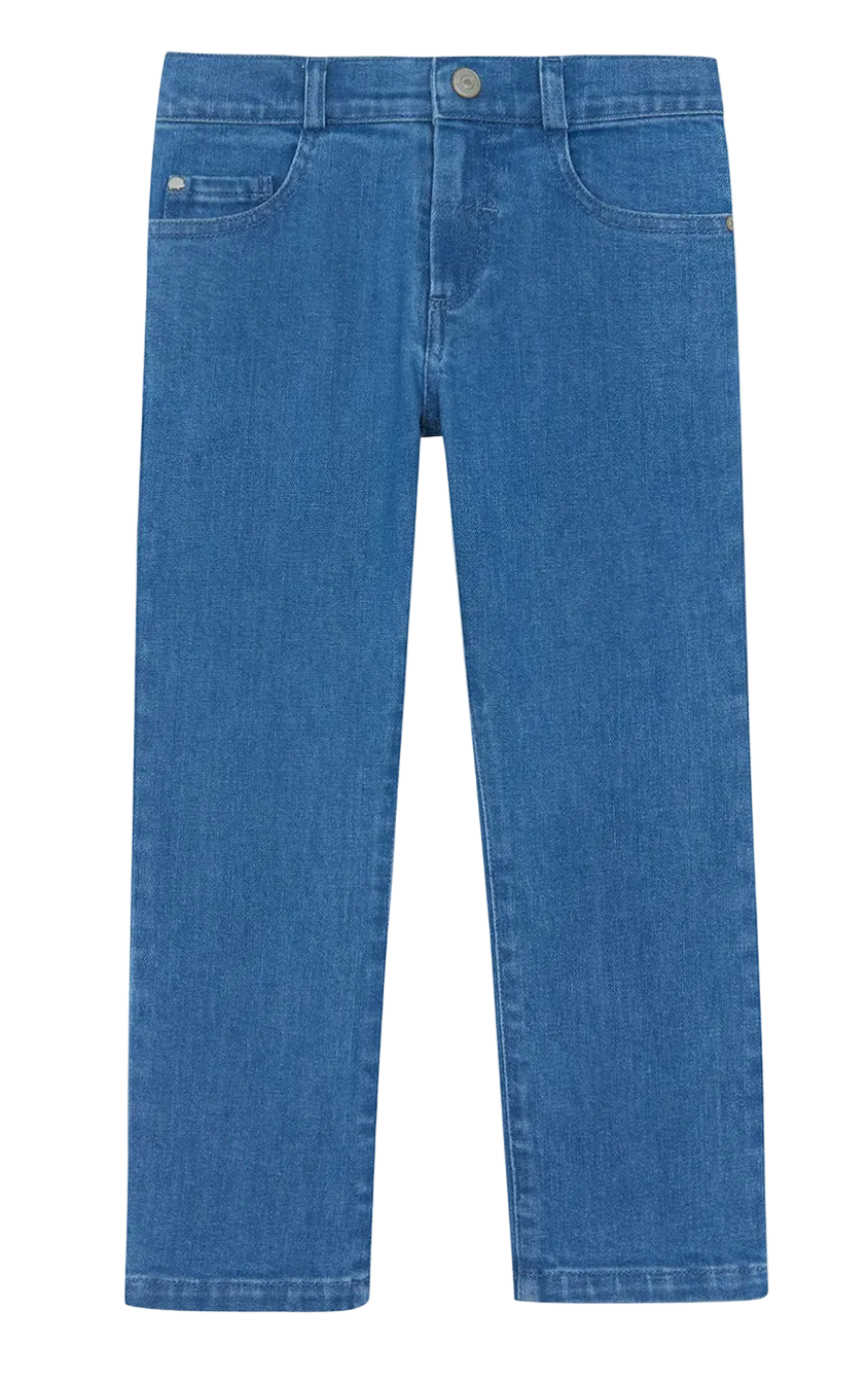 A pair of Tartine et Chocolat Boys’ Cotton Jeans in a straight-leg blue denim style, featuring front and back pockets, a button closure, and a zip fly, displayed on a white background.