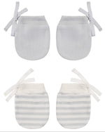 Four Quincy Mae No Scratch Mittens are displayed: two solid gray pairs with ribbons and two white pairs featuring gray stripes and ribbons, all set against a white background—an ideal match for any comfortable or lightweight baby bib for your little one.