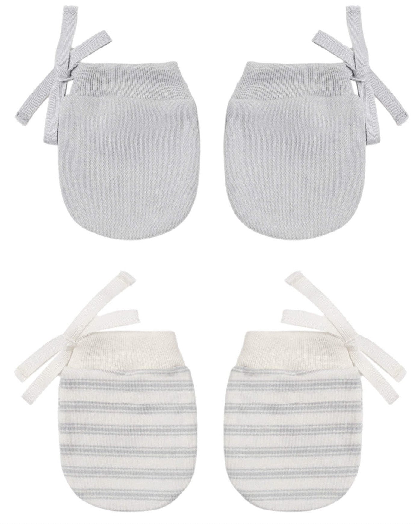 Four Quincy Mae No Scratch Mittens are displayed: two solid gray pairs with ribbons and two white pairs featuring gray stripes and ribbons, all set against a white background—an ideal match for any comfortable or lightweight baby bib for your little one.
