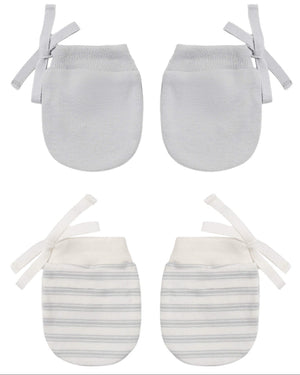 Four Quincy Mae No Scratch Mittens are displayed: two solid gray pairs with ribbons and two white pairs featuring gray stripes and ribbons, all set against a white background—an ideal match for any comfortable or lightweight baby bib for your little one.