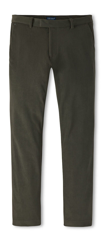 Bingham Corduroy Performance Trouser in dark olive, featuring a straight-leg cut and wrinkle-resistant corduroy fabric.