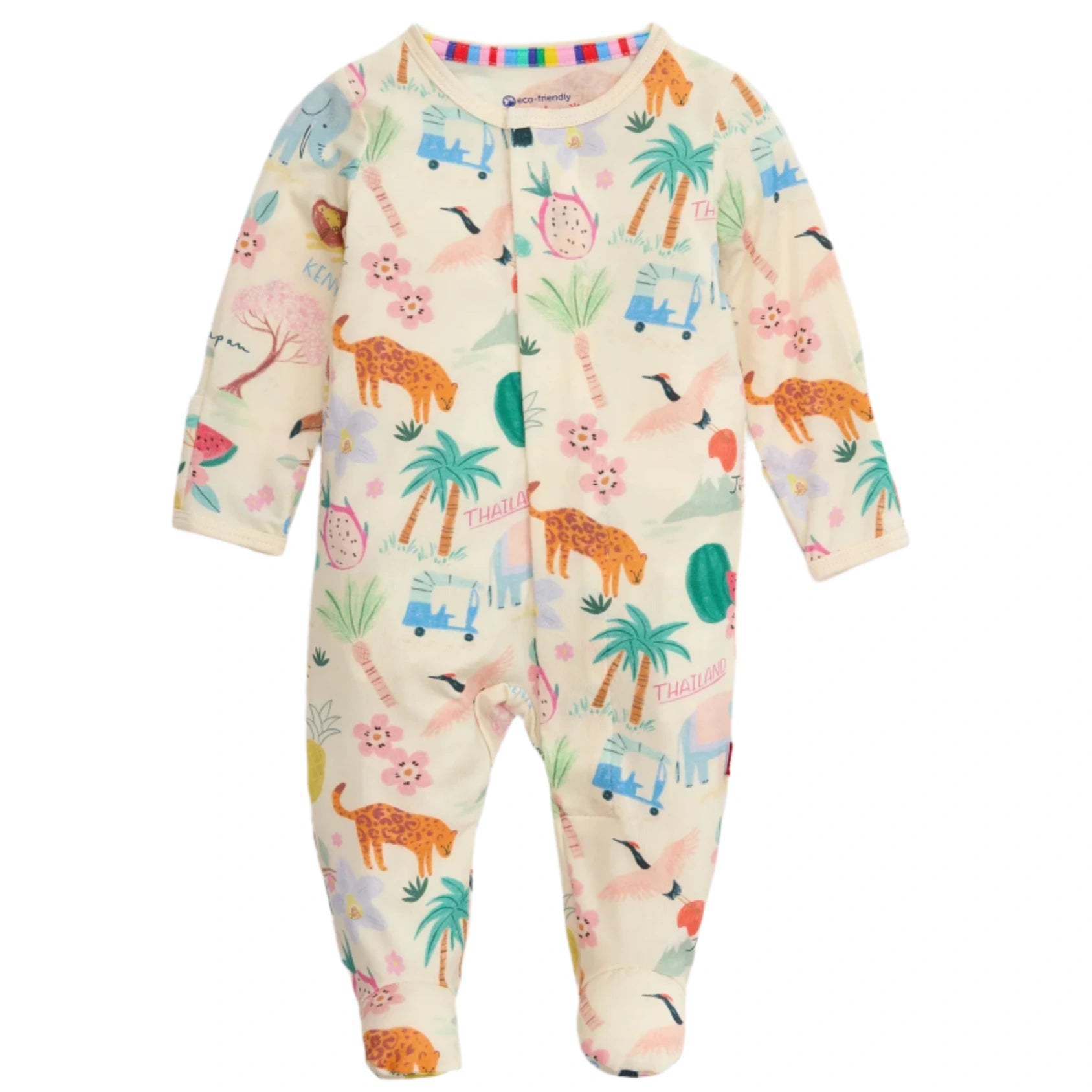 The Magnetic Me Baby Modal Footie features colorful animal, tree, and nature prints on eco-friendly TENCEL™ modal, with snap buttons down the front and legs for easy dressing.