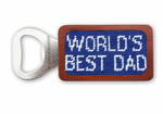 The Smathers & Branson World's Best Dad Bottle Opener features a chestnut wood handle with a blue needlepoint design that prominently displays "WORLD'S BEST DAD" in crisp white letters.