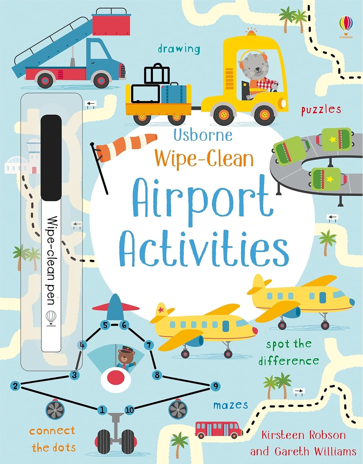 The Harper Collins "Wipe-Clean Airport Activities" is a colorful children's activity book with wipe-clean pages, fun pen control activities, and an included wipe-clean pen, featuring planes, vehicles, and luggage on its cover.