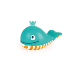 The Hape Blowing Bubble Whale is a blue and orange striped bath toy with a crown-like fin, shown against a plain white background.