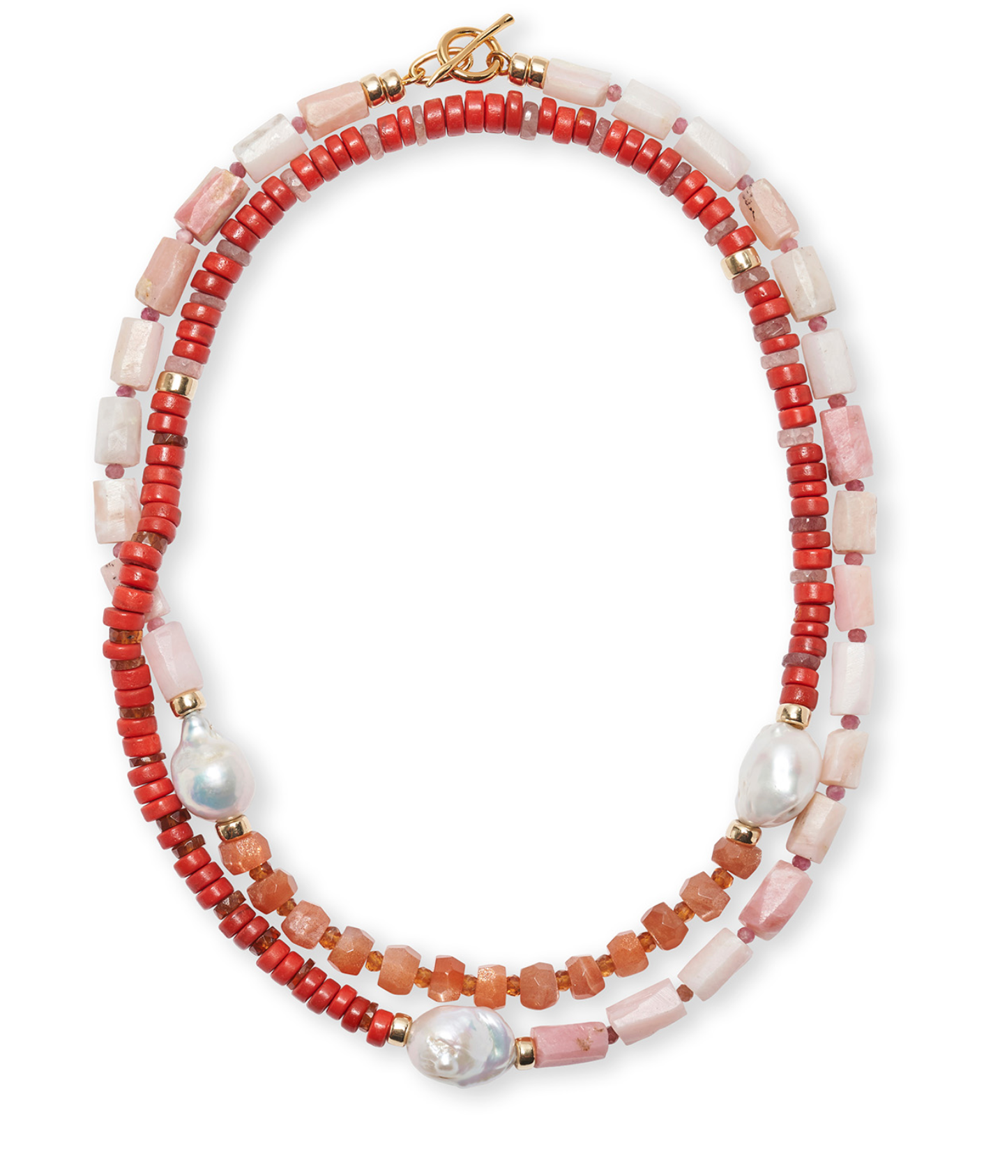 Explore the Lizzie Fortunato Cabana Necklace, a luxurious creation by Lizzie Fortunato that combines red, pink, and white semiprecious beads with sophisticated gold accents. This remarkable piece is embellished with three radiant pearls and finished with a refined gold clasp, making it an ideal expression of elegance.