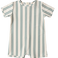 The Rylee & Cru Baby Boys' Shorty One-Piece is a short-sleeved swimwear featuring light blue and white vertical stripes, a round neckline, and back zipper closure. UPF 50+ provides extra sun protection for your little one.