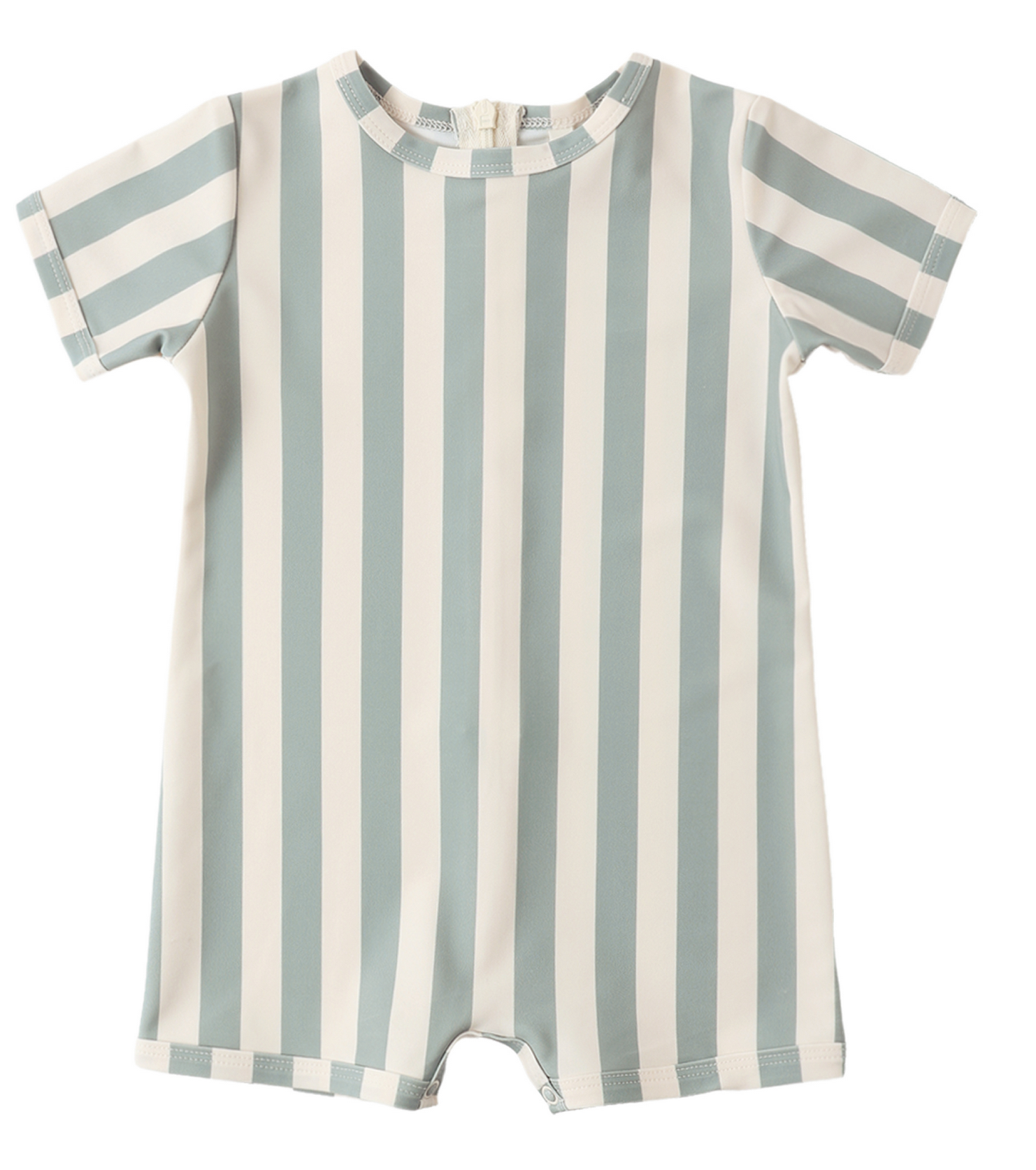 The Rylee & Cru Baby Boys' Shorty One-Piece is a short-sleeved swimwear featuring light blue and white vertical stripes, a round neckline, and back zipper closure. UPF 50+ provides extra sun protection for your little one.