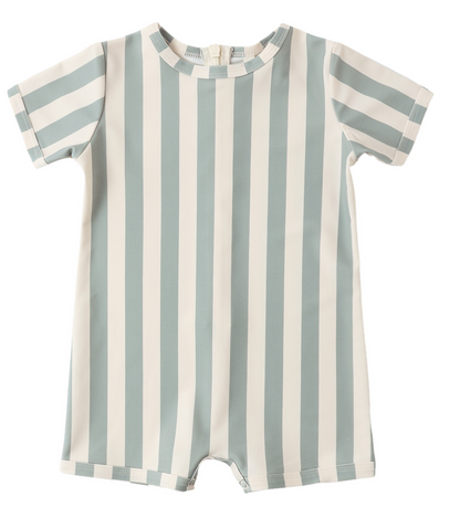 The Rylee & Cru Baby Boys' Shorty One-Piece is a short-sleeved swimwear featuring light blue and white vertical stripes, a round neckline, and back zipper closure. UPF 50+ provides extra sun protection for your little one.
