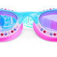 The Bling2O Kids' Neptune Mermaid Tail Goggles feature blue and pink frames adorned with colorful beads around the lenses, plus purple-tinted anti-fog lenses that provide clear vision and UV protection.