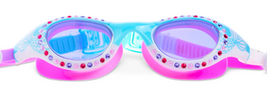 The Bling2O Kids' Neptune Mermaid Tail Goggles feature blue and pink frames adorned with colorful beads around the lenses, plus purple-tinted anti-fog lenses that provide clear vision and UV protection.