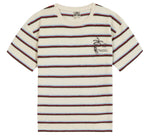 The Boys’ Livo T-Shirt by Bonton is a short-sleeved cream cotton tee for kids, featuring horizontal red, black, and blue stripes plus a small embroidered palm tree and waves on the left chest—perfect for everyday adventures.