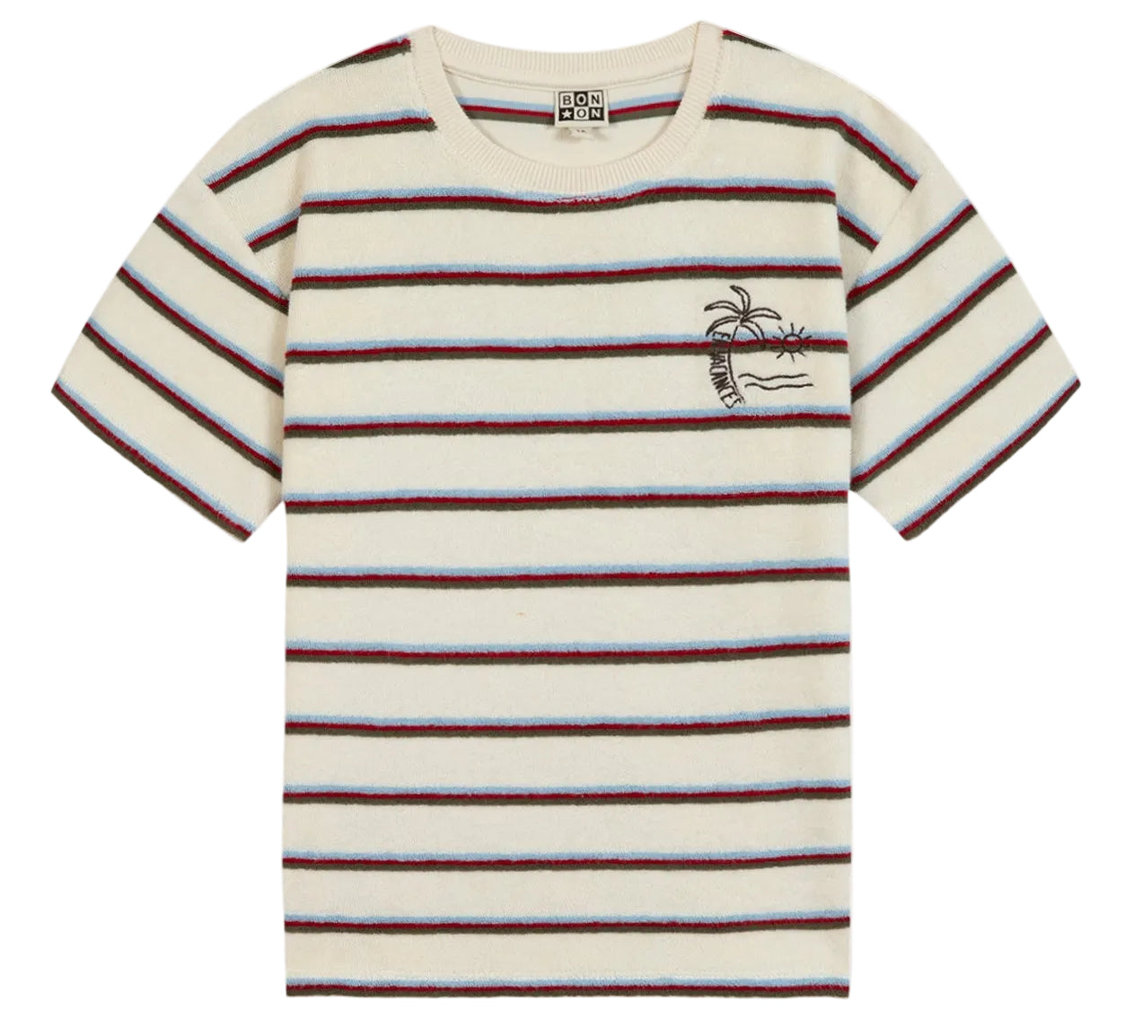 The Boys’ Livo T-Shirt by Bonton is a short-sleeved cream cotton tee for kids, featuring horizontal red, black, and blue stripes plus a small embroidered palm tree and waves on the left chest—perfect for everyday adventures.