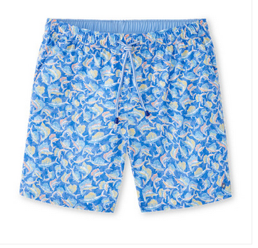 The Tackle The Day Swim Trunk by Peter Millar features a vibrant fish print with abstract patterns in blue, yellow, and pink. Designed with a drawstring, these trunks are crafted from quick-drying fabric for comfortable wear.
