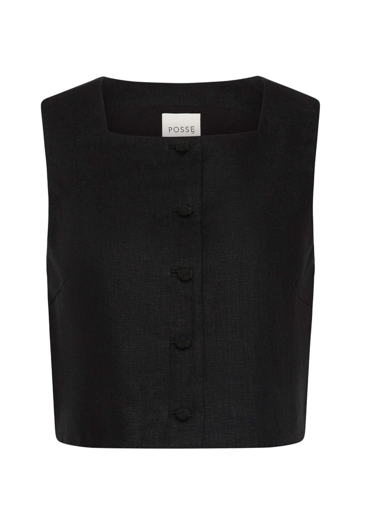 The Rio Top by POSSE is a sleeveless black cropped vest made from mid-weight linen, with a square neckline, four front buttons, and a visible inner collar label reading "POSSE.