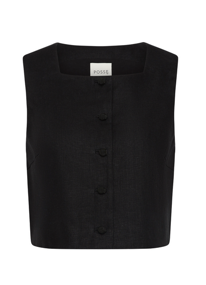 The Rio Top by POSSE is a sleeveless black cropped vest made from mid-weight linen, with a square neckline, four front buttons, and a visible inner collar label reading "POSSE.
