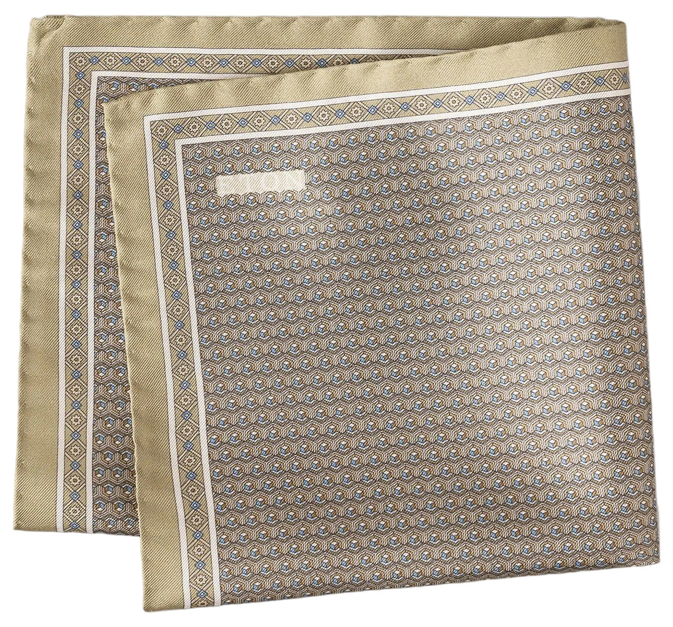 The Eton Geometric Silk Twill Pocket Square is folded to showcase its intricate hexagonal pattern and slim border in beige tones, set against a white background. Crafted in Italy, this printed accessory lends understated elegance to any ensemble.