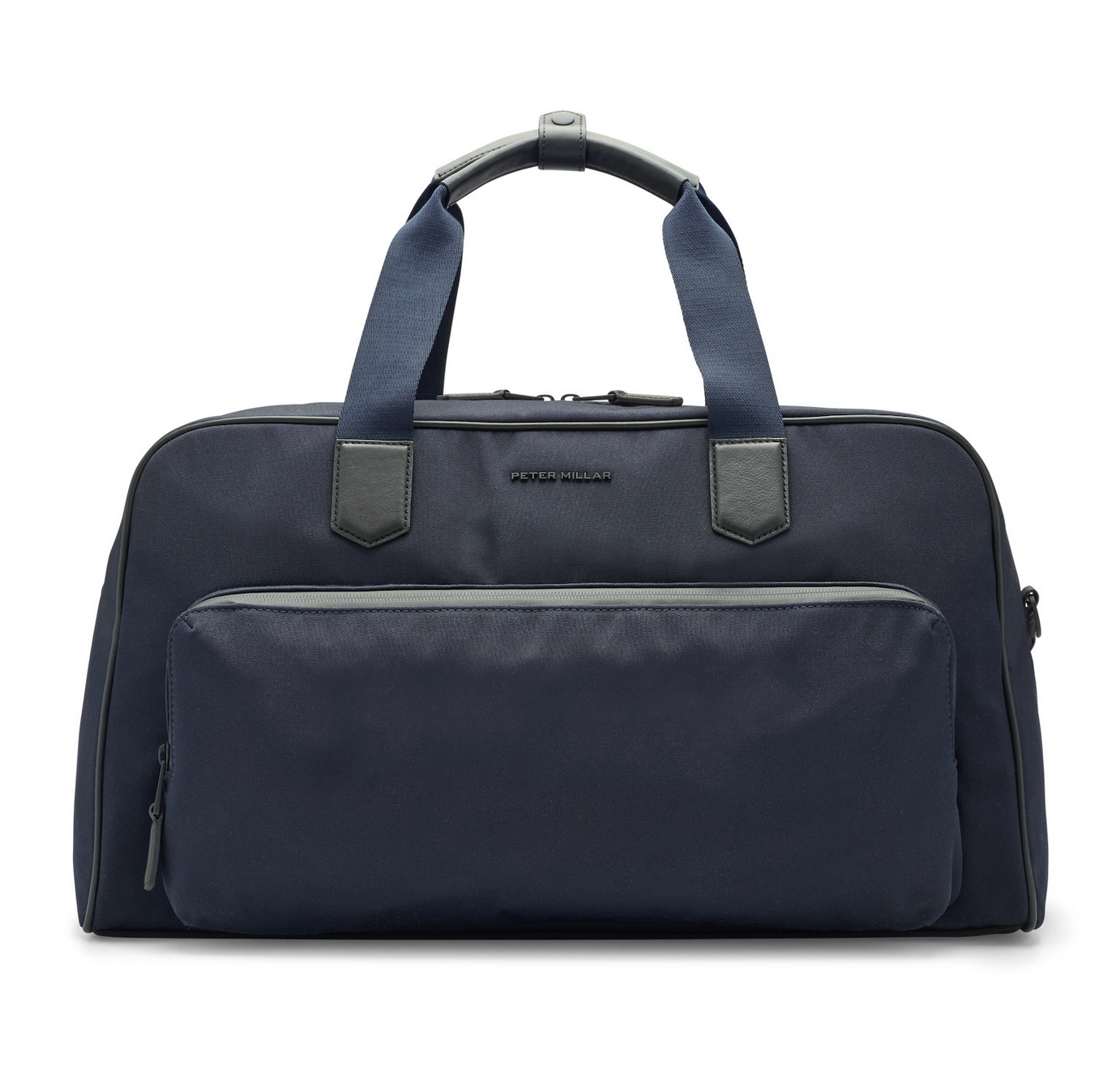 The Peter Millar Pursuit Duffle is a navy blue bag with black handles, a front zippered pocket, and a main compartment, ideal for travel. Shown against a white background.