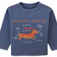 The Baby Boys’ Myron Graphic Tee from Gingersnaps is a blue long-sleeve t-shirt featuring a charming dachshund illustration with playful labeled features, text and arrows, and “Sausage Swiper” written above the embroidered outline of the cartoon pup.