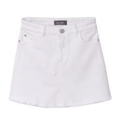 The Girls' Jenny Denim Mini Skirt by DL1961 is a solid white, slim-fit denim skirt with front button and zipper closure, front and back pockets, and visible seam detailing near the hem.