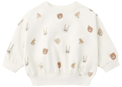 The Quincy Mae Baby Boys’ and Boys’ Relaxed Fleece Sweatshirt features a charming bear and bunny face pattern in neutral tones. This cozy essential boasts long sleeves, an elastic waistband, and is designed for effortless comfort all day long.