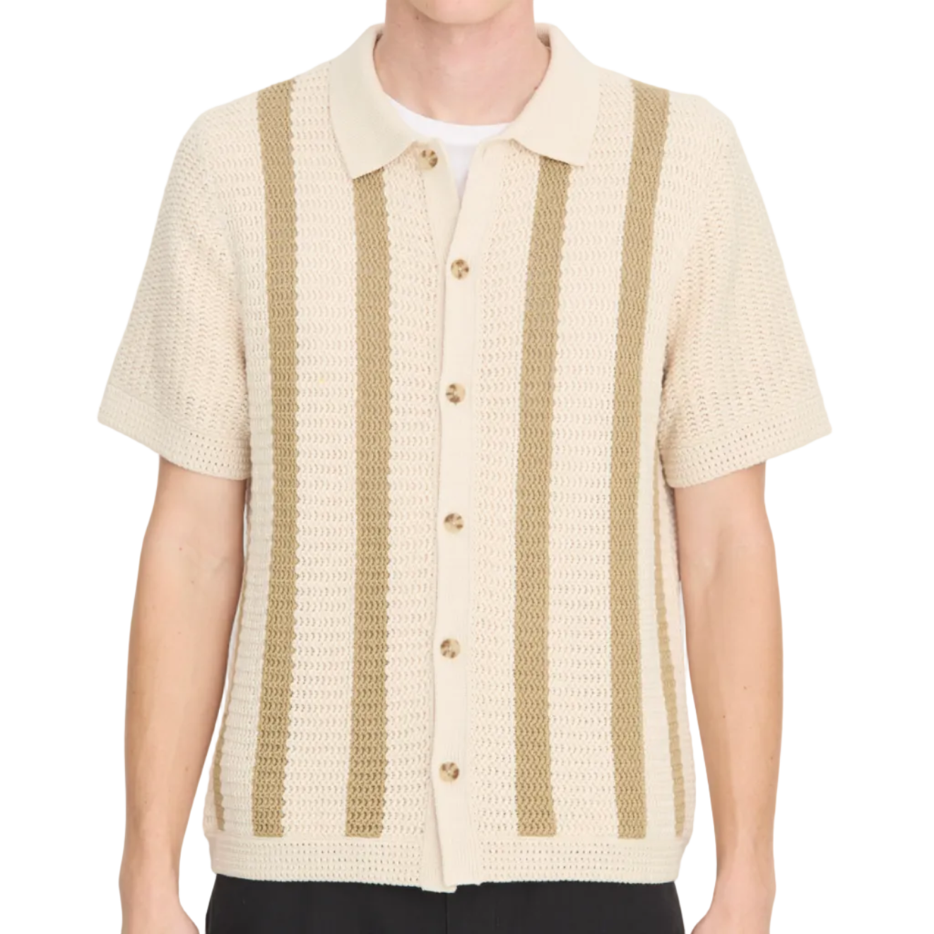A person wearing the vince Crochet SS Button Down, a short-sleeve shirt with a button-up front and collar, featuring vertical tan stripes on cream knit fabric, shown from the waist up.
