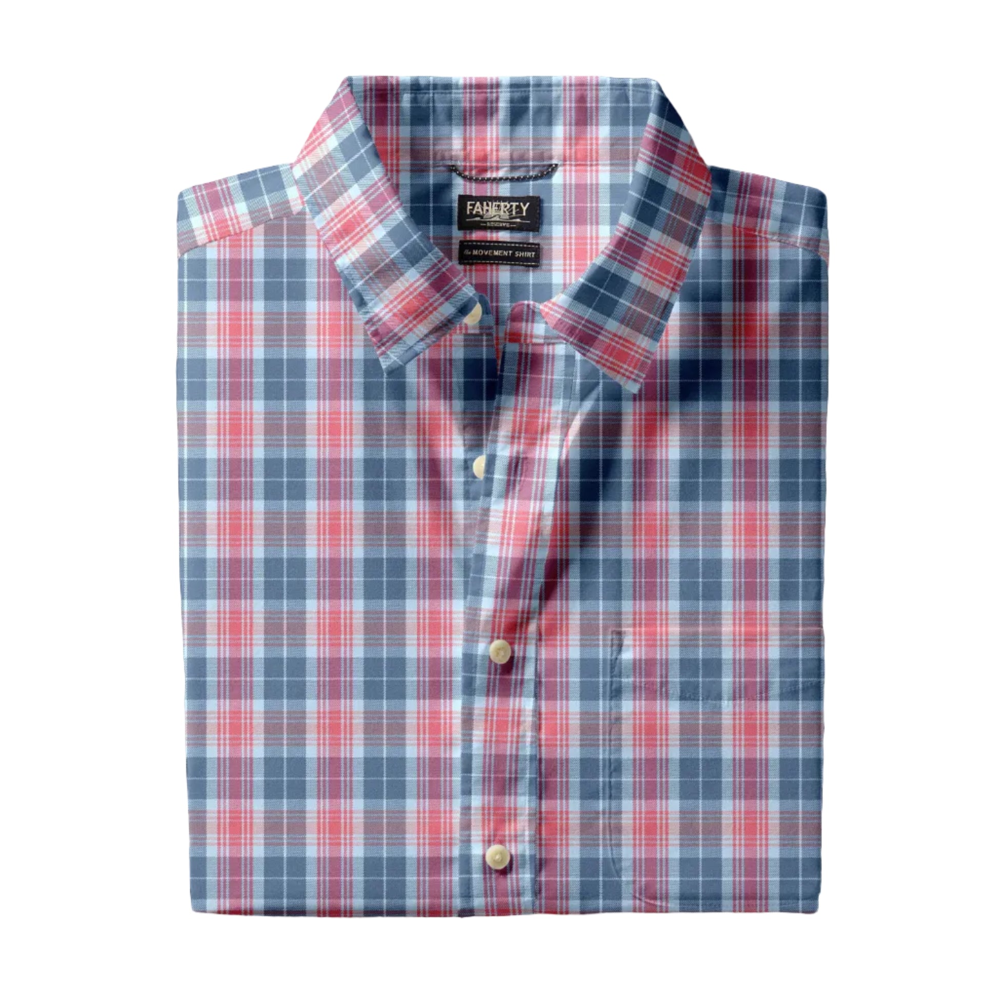 A neatly folded Faherty Movement Monterey Shirt with a blue, red, and white plaid pattern, featuring a collar and chest pocket. This lightweight, comfortable shirt is also wrinkle resistant—perfect for everyday wear.